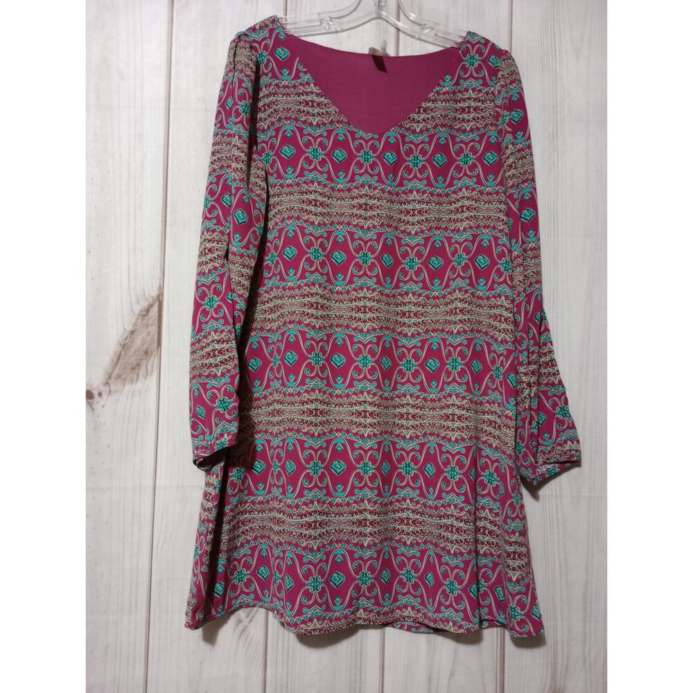 Pink Owl Apparel Magenta Teal Medallion Print V-Neck Long Sleeve Shift Dress M